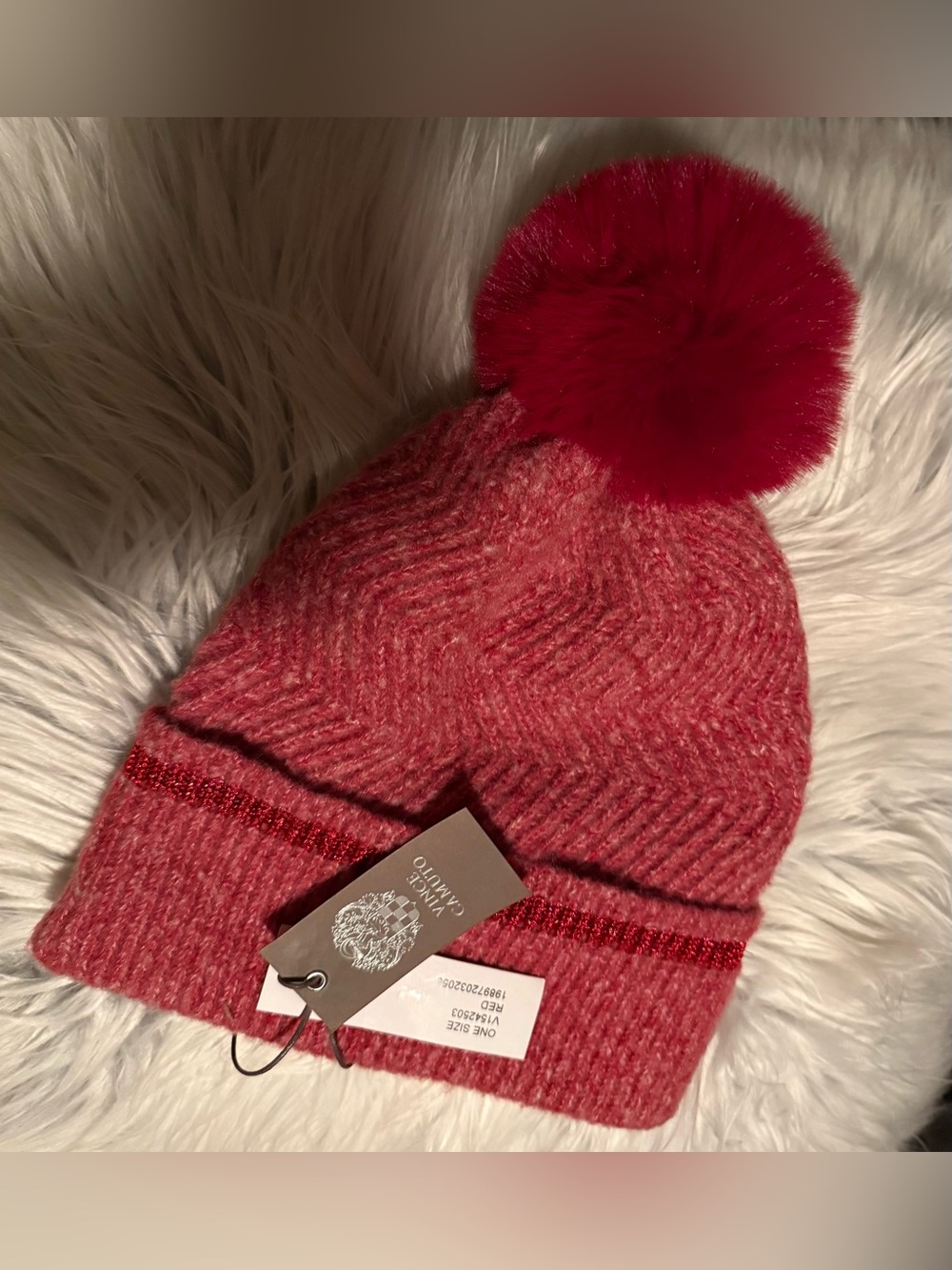 VINCE CAMUTO Knit Beanie With Faux Fur Pom Pom.